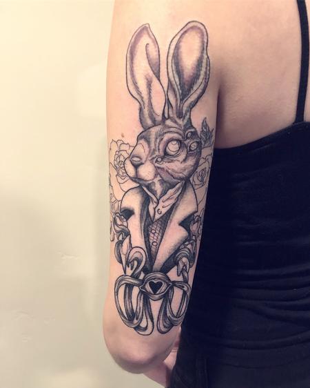 Ashes Bardole - abstract rabbit creepy cute teeth half sleeve tattoo